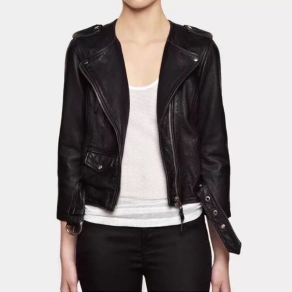 Allsaints Leather Jacket Cropped Riley Womens 6 Black Biker Moto Rock Punk Goth